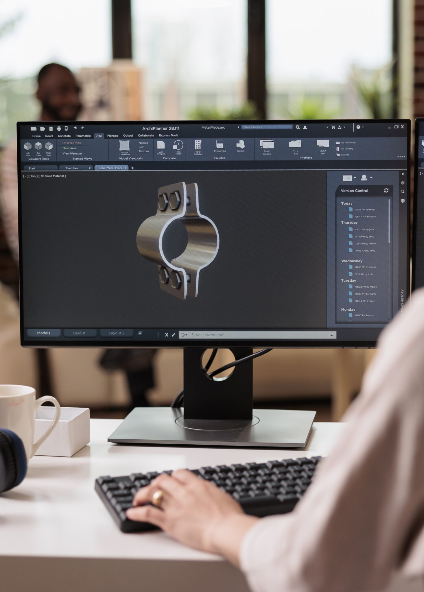 Industry worker developing machinery gears product, engineering industrial turbine production on computer at home. Freelancer working on construction manufactory with creative software.