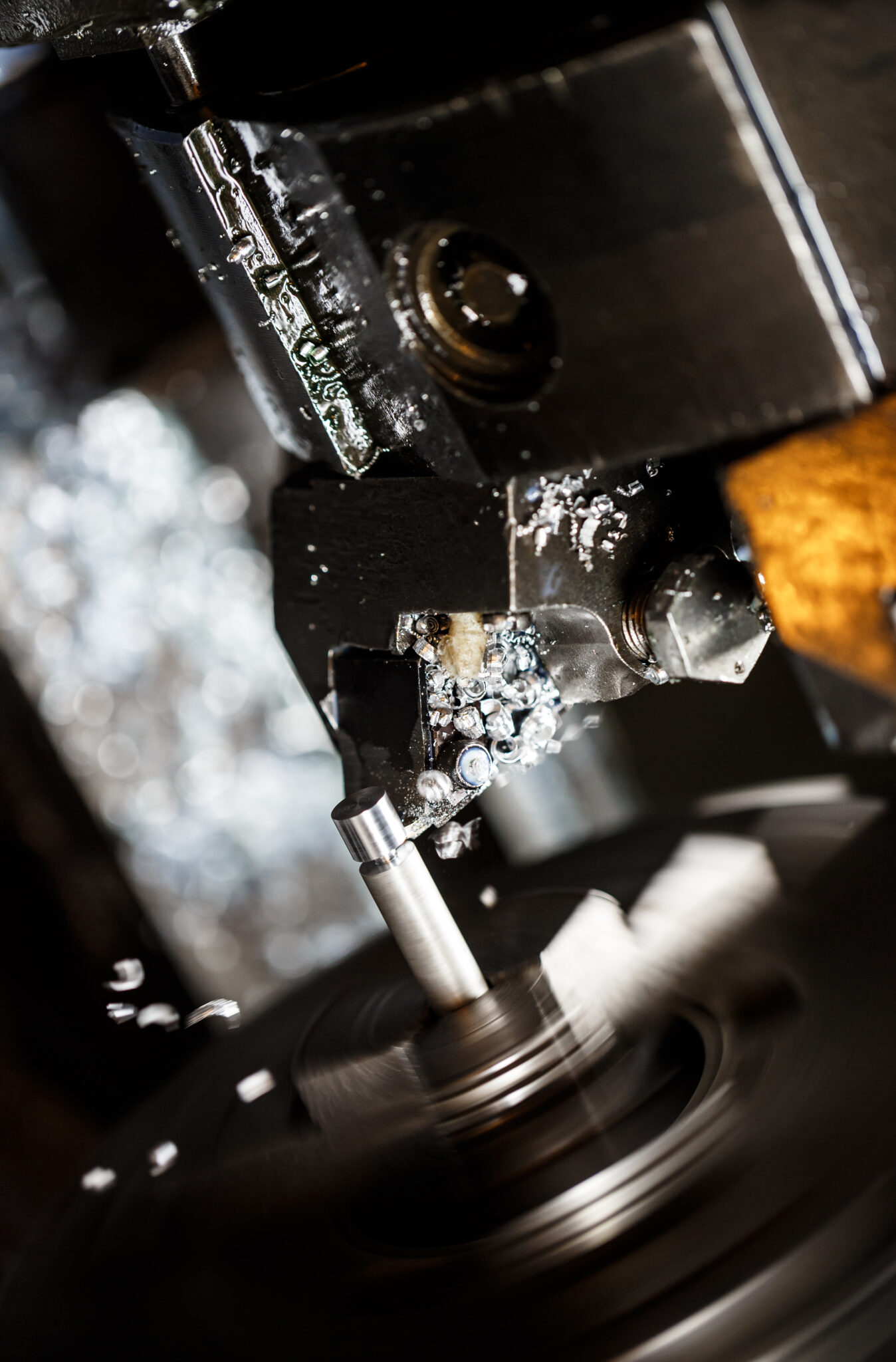 Close up photo of metalworking machine on plant.